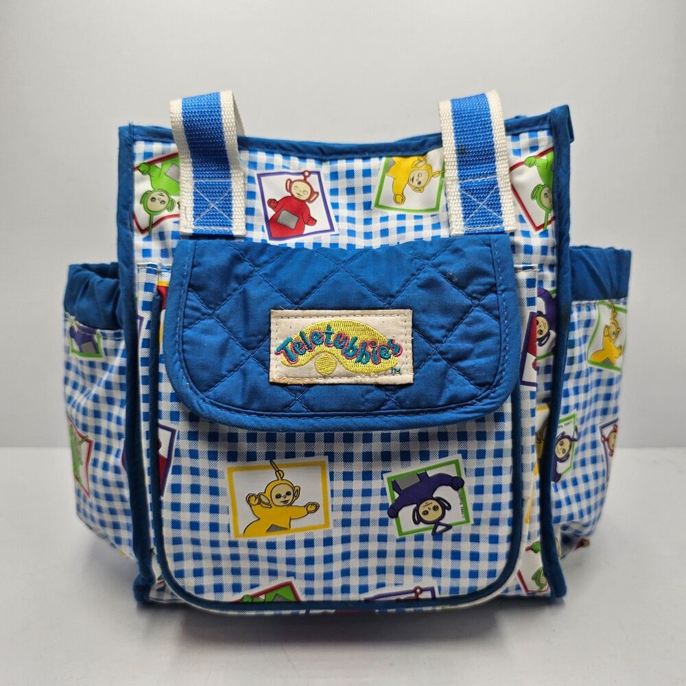 Vintage Teletubbies Diaper Bag Kids Children Tote Bag 1998 Ragdoll Blue Gingham